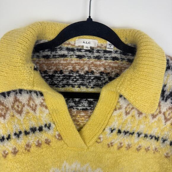 A.L.C. Womens Landry Fair Isle Nordic 100% Merino Wool Yellow Sweater XS READ - Picture 3 of 12